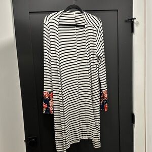 Magic Fit Black and White Striped Open Cardigan with Floral Cuffs